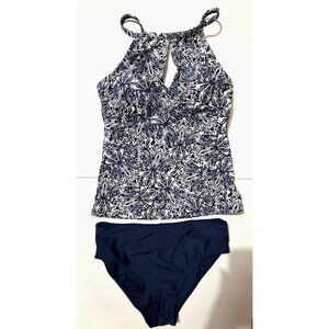 ELLEN TRACY Women’s Size 10 Two Piece Tankini Swimsuit Paisley Navy White NWT